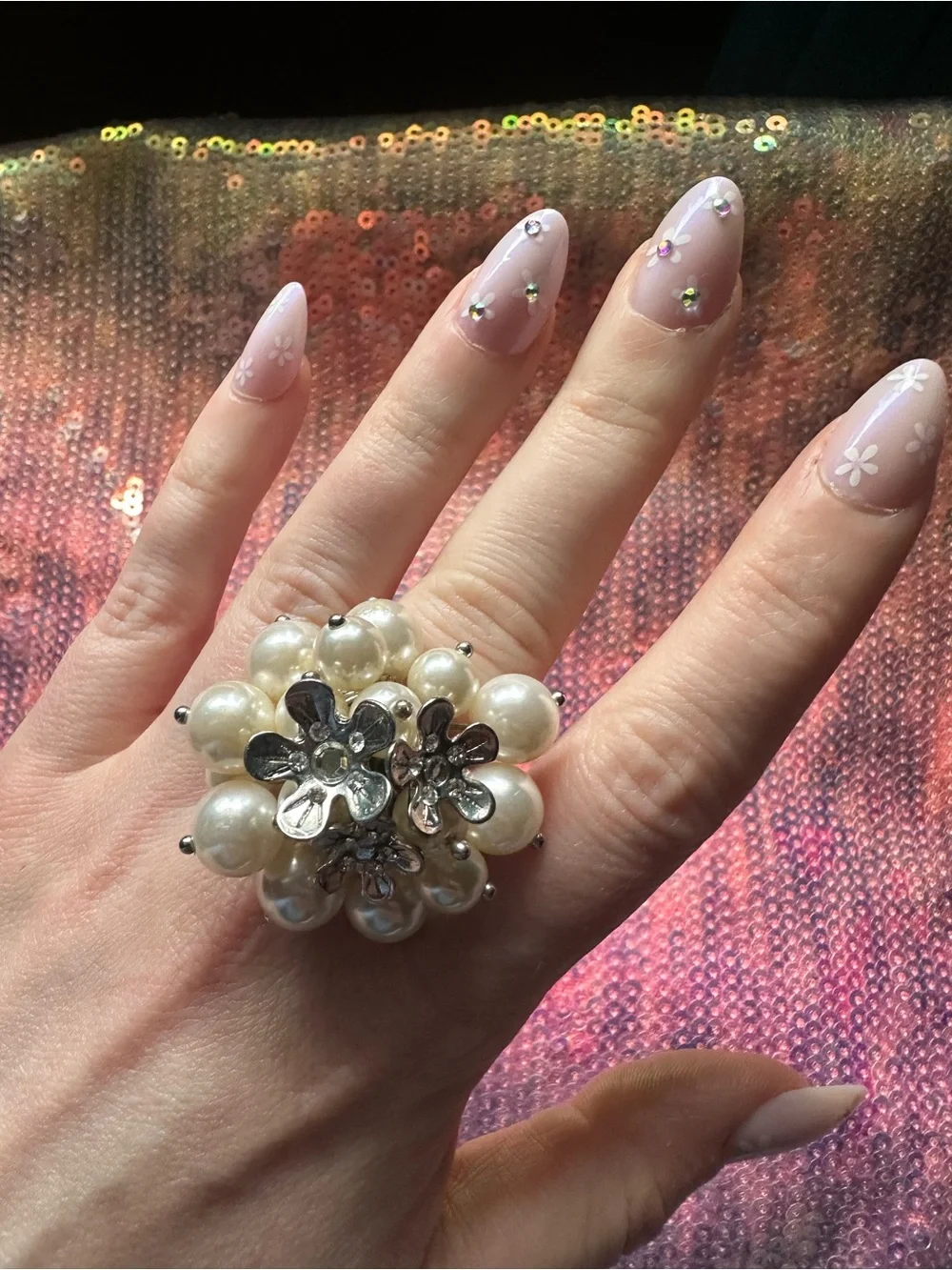 Floral & Pearl Cluster Silver Tone Stretch Ring
